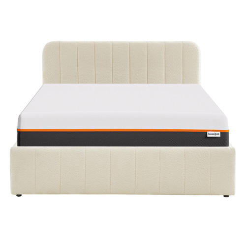 Ensemble lit coffre 160x200 en tissu bouclé écru Ava + Matelas mousse gel à mémoire de forme, double confort - Dual Confort