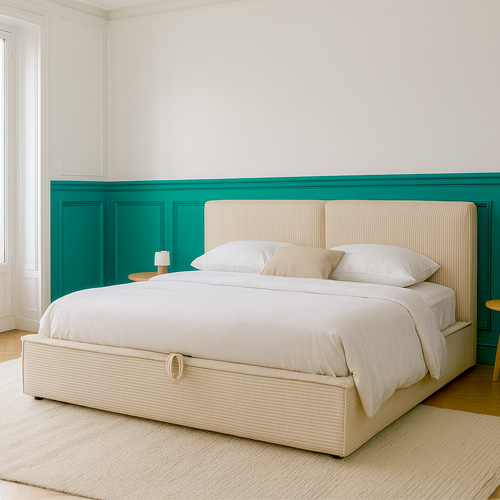 Lit coffre adulte 160x200 cm avec sommier et tête de lit matelassée en velours côtelé beige - Arno