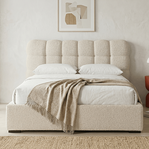 Lit coffre adulte 140x190 cm avec sommier et tête de lit capitonnée en tissu bouclé beige - Lola