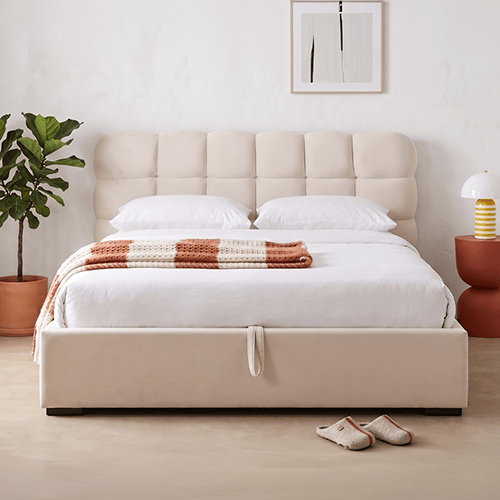 Lit coffre adulte 180x200 cm avec sommier et tête de lit capitonnée en velours beige - Lola