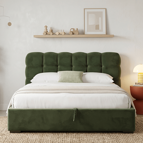 Lit coffre adulte 180x200 cm avec sommier et tête de lit capitonnée en velours vert kaki - Lola