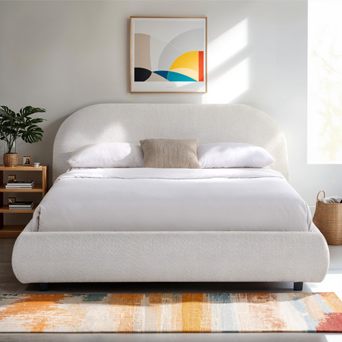 Lit adulte 140x190 cm avec sommier et tête de lit matelassée en tissu bouclé beige - Maddie