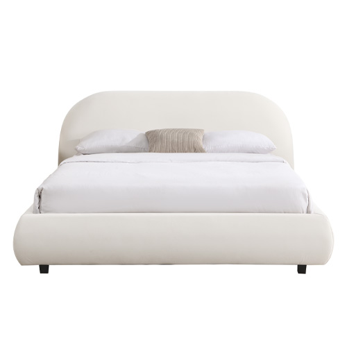 Lit adulte 160x200 cm avec sommier et tête de lit arrondie en velours beige - Maddie