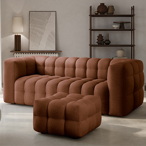 Ensemble Canapé capitonné 3 places + Pouf en tissu chenille terracotta - Cester