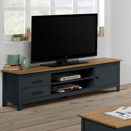 Meuble TV 1 porte 2 tiroirs en bois massif bleu 158 cm - Ida