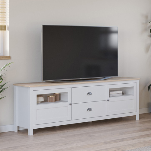 Meuble TV 2 portes 2 tiroirs en bois massif blanc 180 cm - Macha