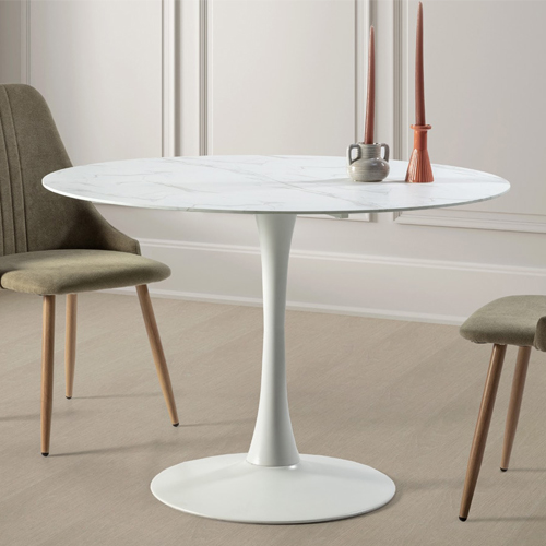 Table à manger ronde effet marbre blanc Ø110xH75 cm - Prima