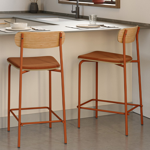 Lot de 2 tabourets de bar en tissu terracotta et effet bois - Svala