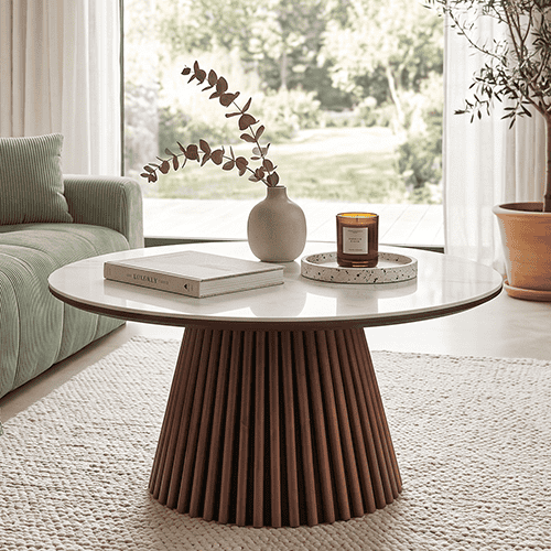 Table basse ronde plateau en céramique effet marbre et piètement effet noyer- 80 cm - Ada