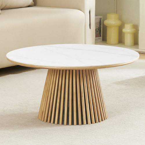 Table basse ronde plateau en céramique effet marbre et piètement bois clair - 80 cm- Ada