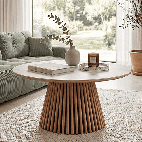 Table basse ronde plateau en céramique effet marbre et piètement bois clair - 80 cm- Ada