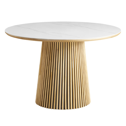 Table à manger ronde plateau en céramique effet marbre et piètement bois clair 5 à 6 pers. 120 cm - Ada