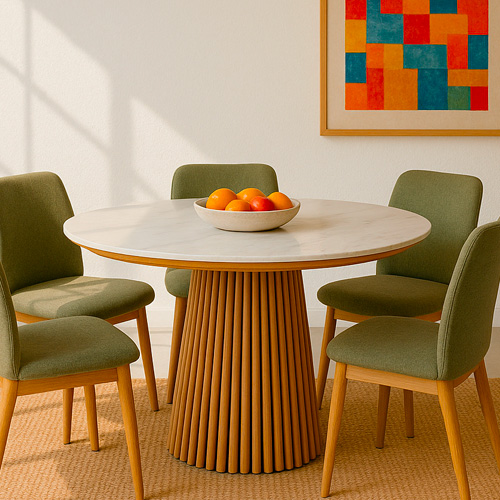Table à manger ronde extensible plateau en céramique effet marbre et piètement bois clair 4 à 8 pers. 120/200 cm - Ada