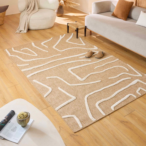 Tapis géométrique abstrait blanc et jute 200x290 cm - Arlo