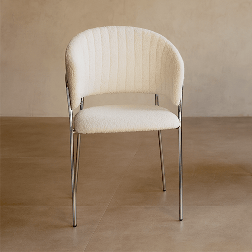 Lot de 2 chaises en tissu bouclé beige et piètement chromé - Isya