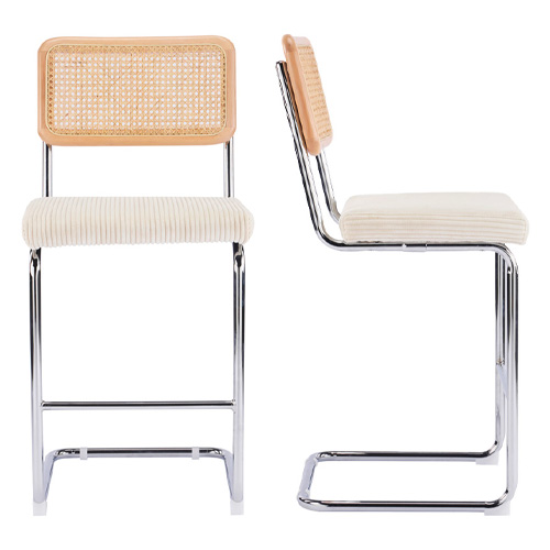 Lot de 2 tabourets de bar en velours côtelé beige et cannage - Muse