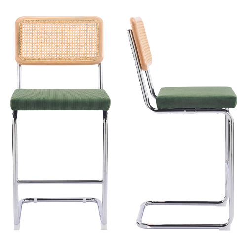 Lot de 2 tabourets de bar en velours côtelé vert kaki et cannage - Muse