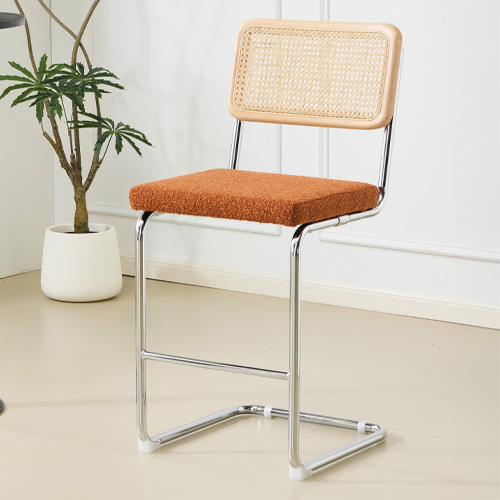 Lot de 2 tabourets de bar en tissu bouclé rouille et cannage - Muse