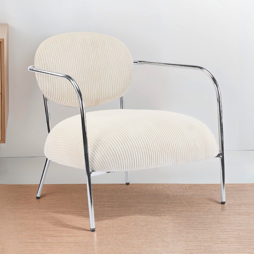 Fauteuil en velours cotelé beige et piètement chromé - Léon