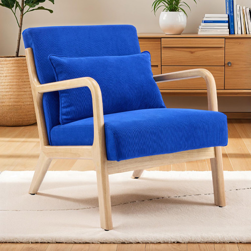 Fauteuil en bois et velours côtelé bleu électrique - Lanna
