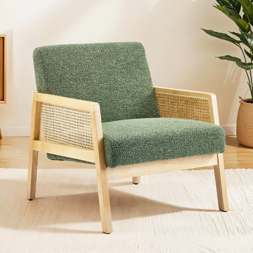Fauteuil en cannage et tissu bouclé vert - Mani