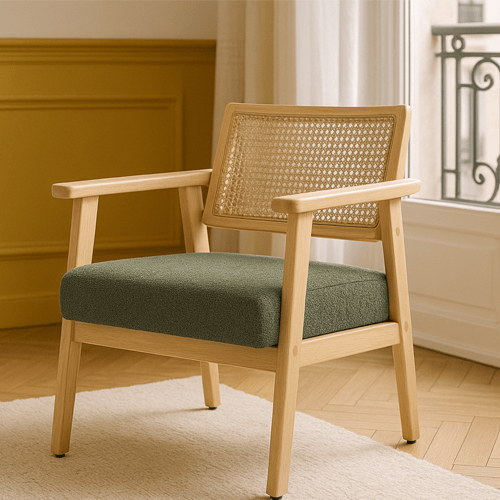 Fauteuil en tissu bouclé vert et cannage naturel - Tim