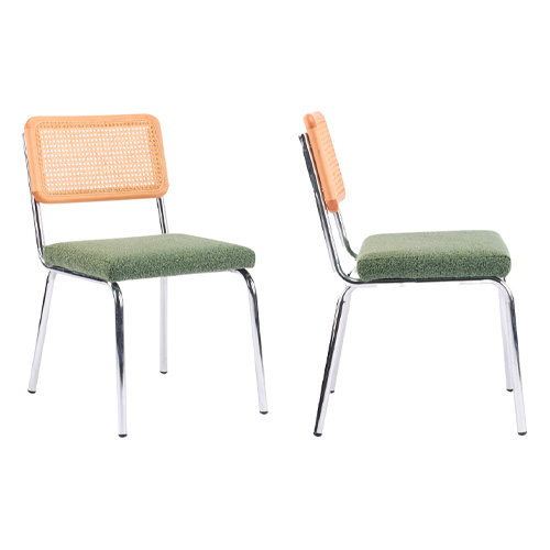 Lot de 2 chaises en métal chromé, cannage naturel et tissu bouclé vert - Paula
