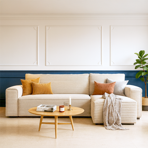 Canapé d'angle convertible réversible 3/4 places en velours gros côtelé beige - Farrow