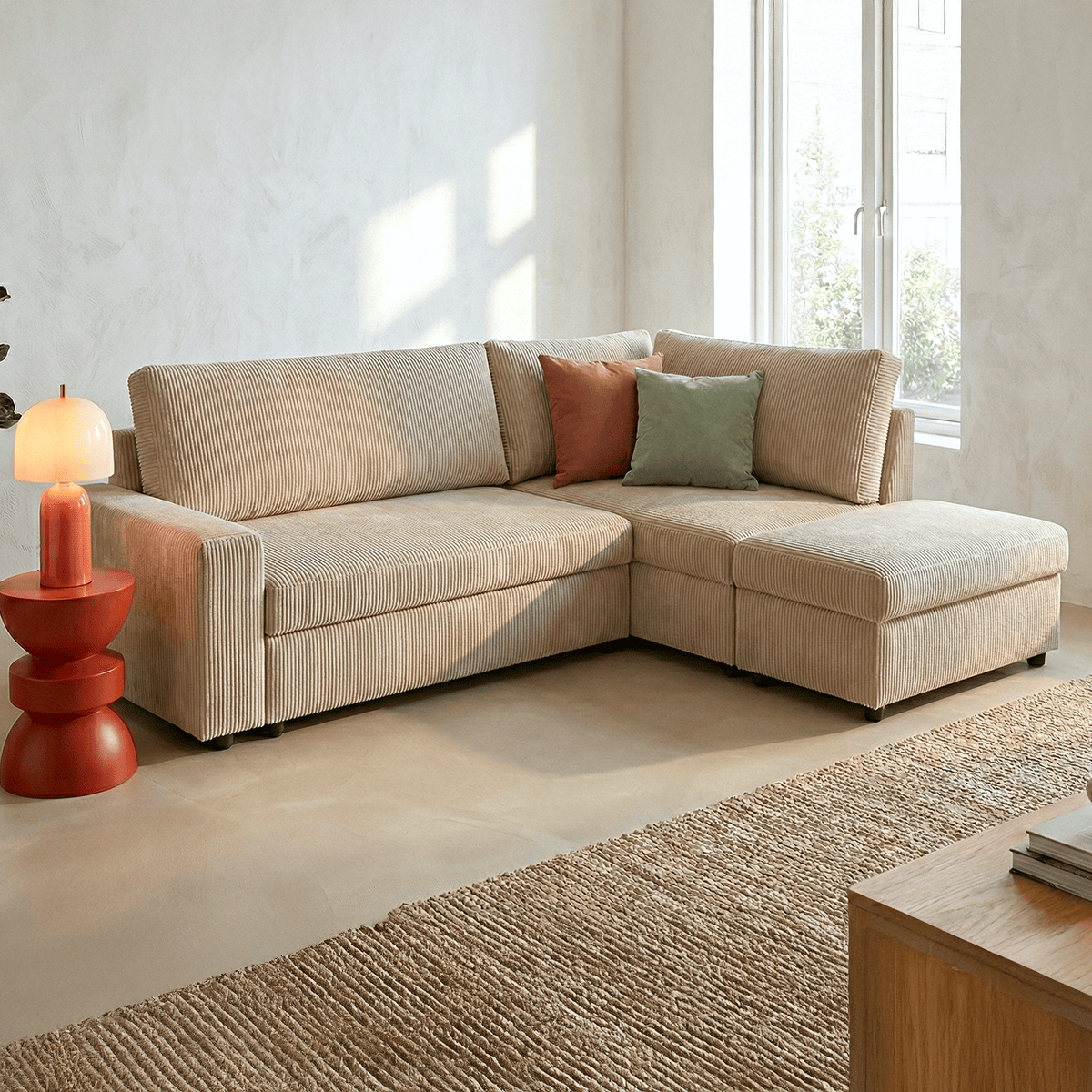 Canapé d'angle convertible réversible 4/5 places en velours côtelé beige - Malte