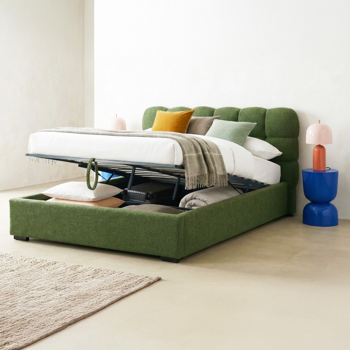 Lit coffre adulte 160x200 cm avec sommier et tête de lit capitonnée en tissu bouclé vert - Lola