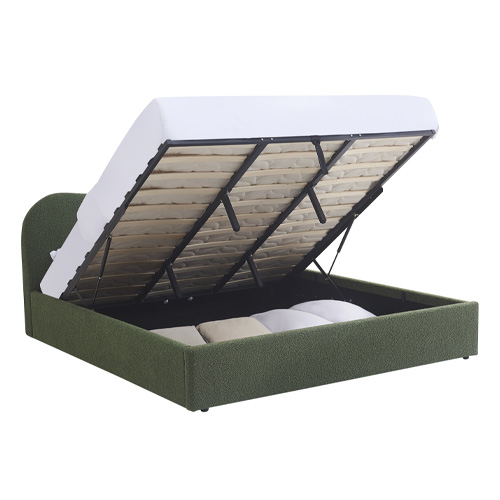 Lit coffre adulte 180x200 cm avec tête de lit matelassée en tissu bouclé vert - Suzon