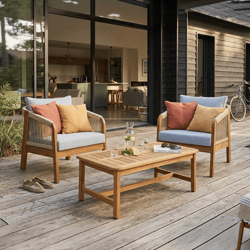 Salon de jardin 2 places en bois FSC - 2 fauteuils et table basse - Symi