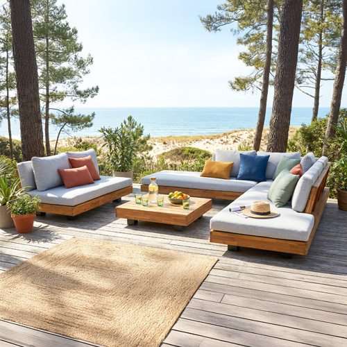 Salon de jardin 7 places en bois FSC - Canapé 5 pl. , Canapé 2 pl. et table basse - Capri