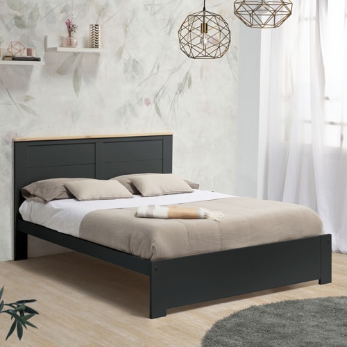 Lit adulte 140x190 cm avec tête de lit en bois gris anthracite - Nevea