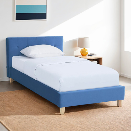 Lit adulte 90x190 cm avec tête de lit capitonnée en velours bleu - Milo