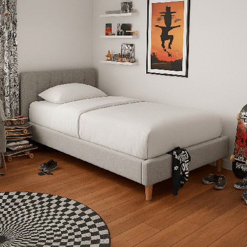 Lit adulte 90x190 cm avec tête de lit capitonnée en tissu gris chiné - Milo