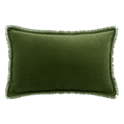 Coussin à frange en velours vert eucalyptus 30 x 50 cm - Fara