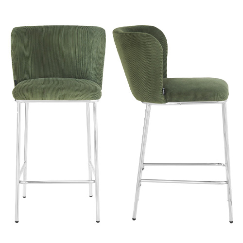 Lot de 2 tabourets de bar en velours côtelé vert kaki, piètement chromé - Toma