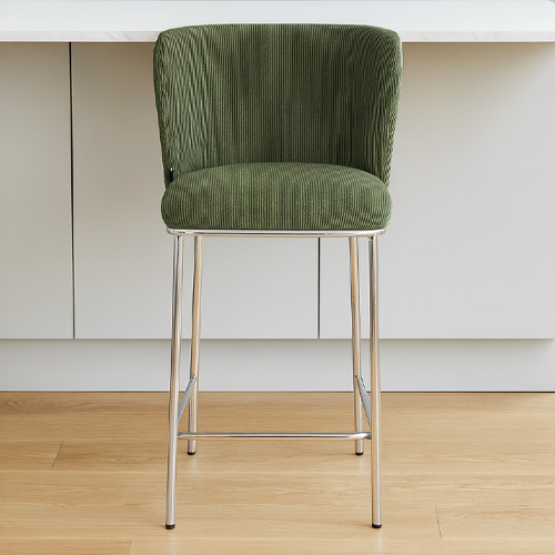 Lot de 2 tabourets de bar en velours côtelé vert kaki, piètement chromé - Toma