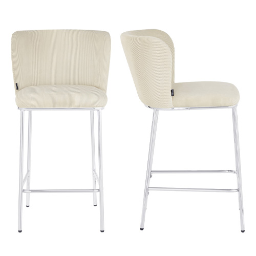 Lot de 2 tabourets de bar en velours côtelé beige, piètement chromé - Toma