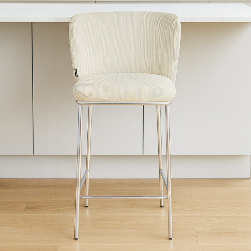 Lot de 2 tabourets de bar en velours côtelé beige, piètement chromé - Toma