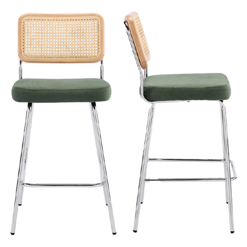Lot de 2 chaises de bar en cannage et velours côtelé vert kaki, piètement chromé - Muse