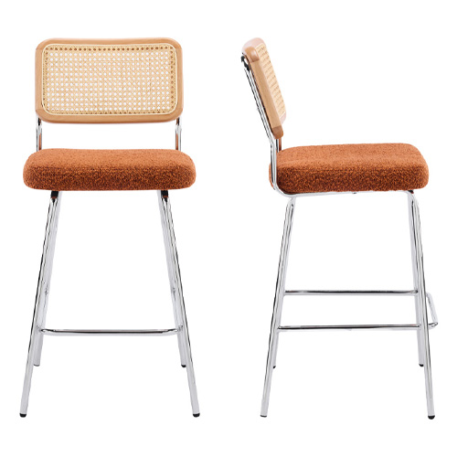 Lot de 2 chaises de bar en cannage et tissu bouclé rouille, piètement chromé - Muse