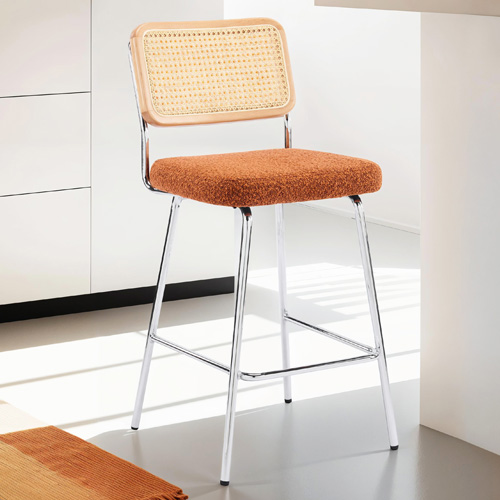 Lot de 2 chaises de bar en cannage et tissu bouclé rouille, piètement chromé - Muse