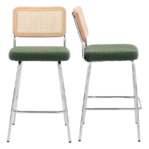 Lot de 2 chaises de bar en cannage et tissu bouclé vert, piètement chromé - Muse