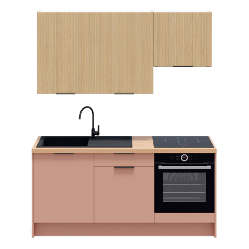 Ensemble de 6 meubles de cuisine - L. 185 cm - abricot et chêne clair cannelé - Luzia Signature