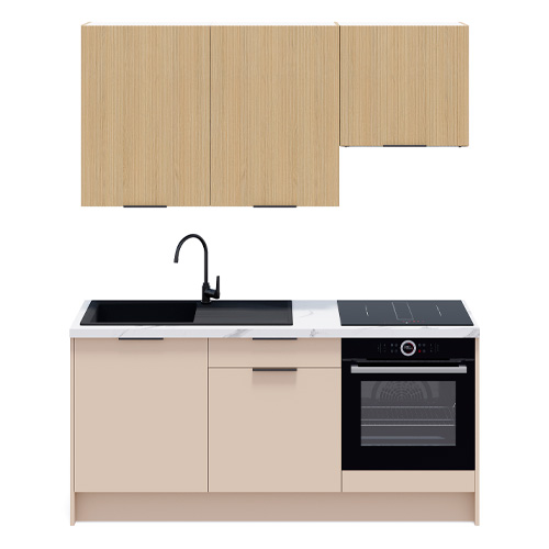 Ensemble de 6 meubles de cuisine - L. 185 cm - beige cachemire et chêne clair cannelé - Luzia Signature