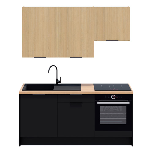 Ensemble de 6 meubles de cuisine - L. 185 cm - noir et chêne clair cannelé - Luzia Signature
