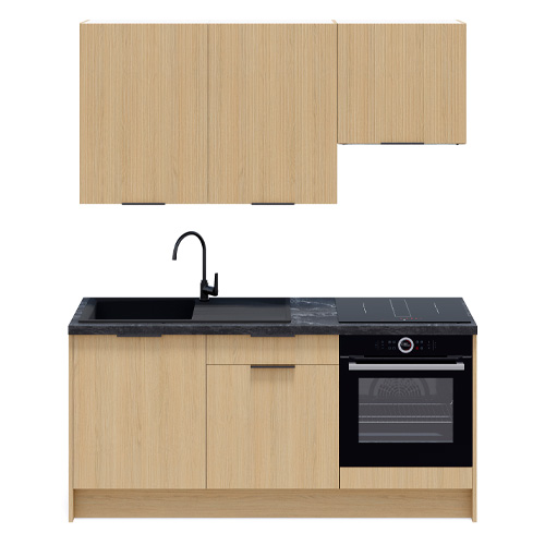 Ensemble de 6 meubles de cuisine - L. 185 cm - chêne clair et chêne clair cannelé - Luzia Signature