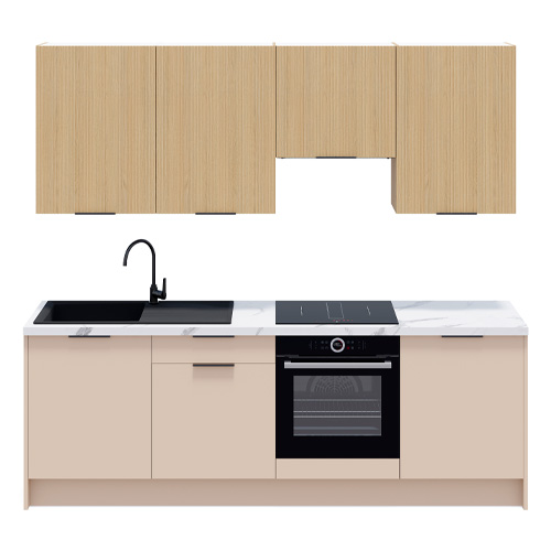 Ensemble de 8 meubles de cuisine - L. 245 cm - beige cachemire et chêne clair cannelé - Luzia Signature